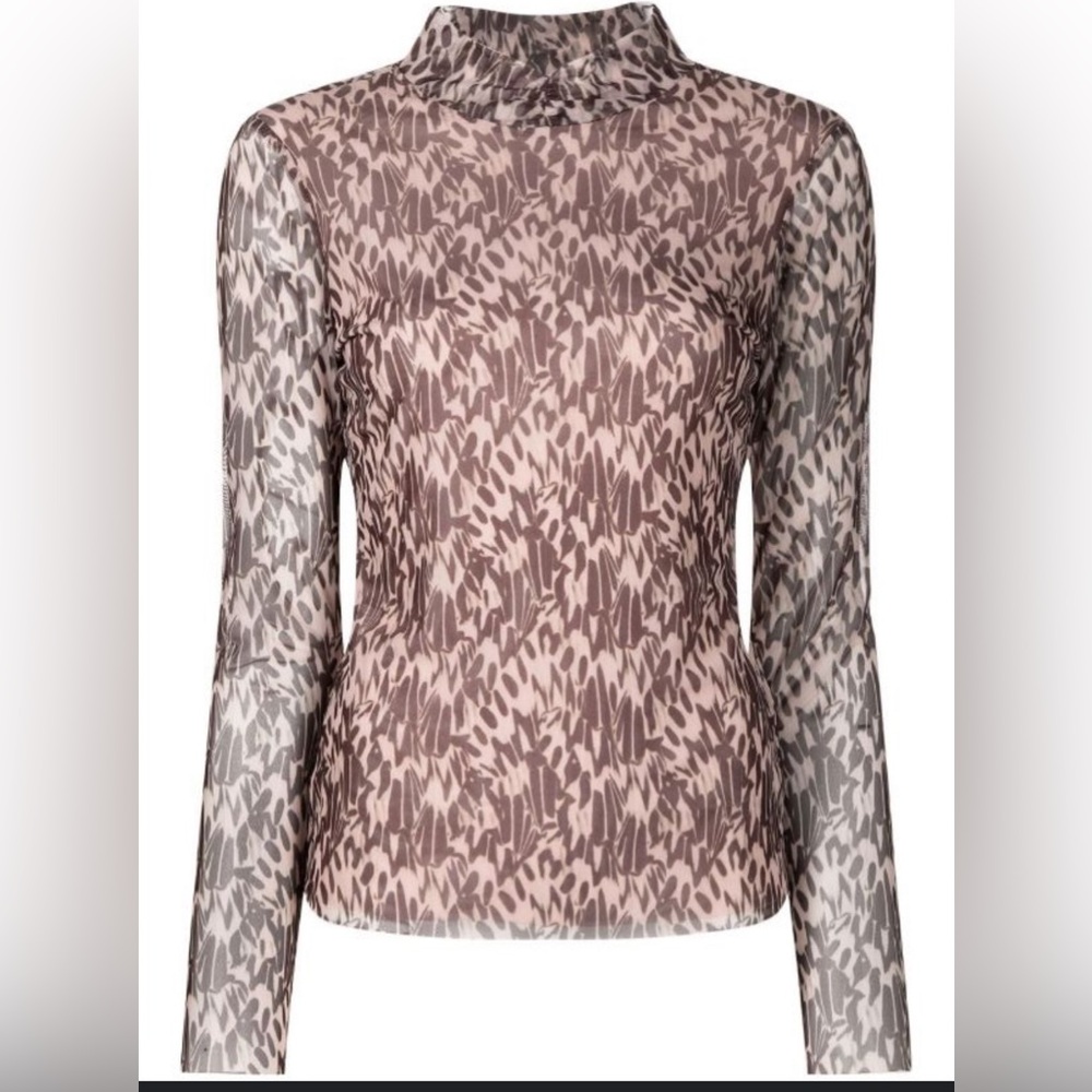Jumila brown stretch semi-sheer abstract pattern print high neck long sleeve